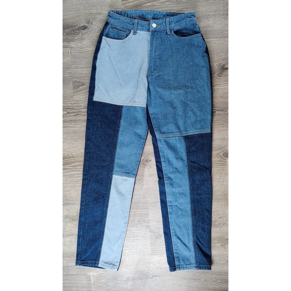 SHEIN Patchwork Colorblock High Rise Straight Leg Jeans Blue Multi Wash W30 L32